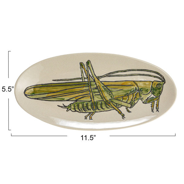 Hand-Painted Stoneware Green & White Grasshopper Plate